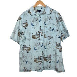 Croft & Barrow Hawaiian Shirt Sailboat Short Sleeve Button Up Blue Men's Size L